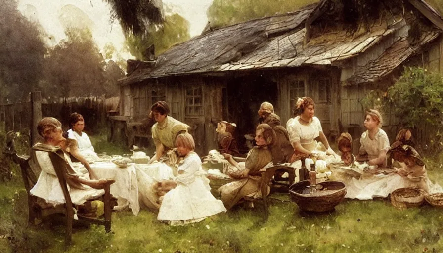 Image similar to simple villager family about to eat a meal together in their beautiful simple cottage home, art by anders zorn, wonderful masterpiece by greg rutkowski, beautiful cinematic light, american romanticism thomas lawrence, greg rutkowski