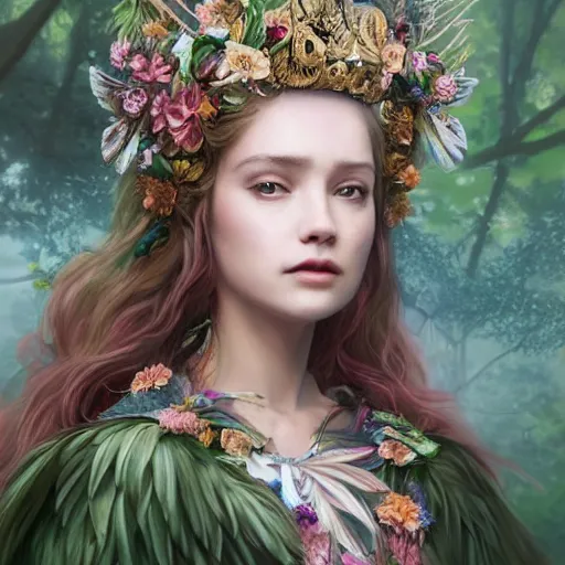 Prompt: princess of forest, wearing a full feathered cloak and a fancy 🌌🌸🌺🏺 floral dress, ornate, ultra realistic, concept art, intricate details, highly detailed, photorealistic, art station, rococo, octane render, 8 k, wlop. art by artgerm and greg rutkowski and charlie bowater and magali villeneuve and gustav