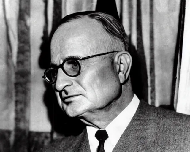 Image similar to US president Harry Truman has been replaced by a reptilian alien, 1951, early black and white photo, cdx