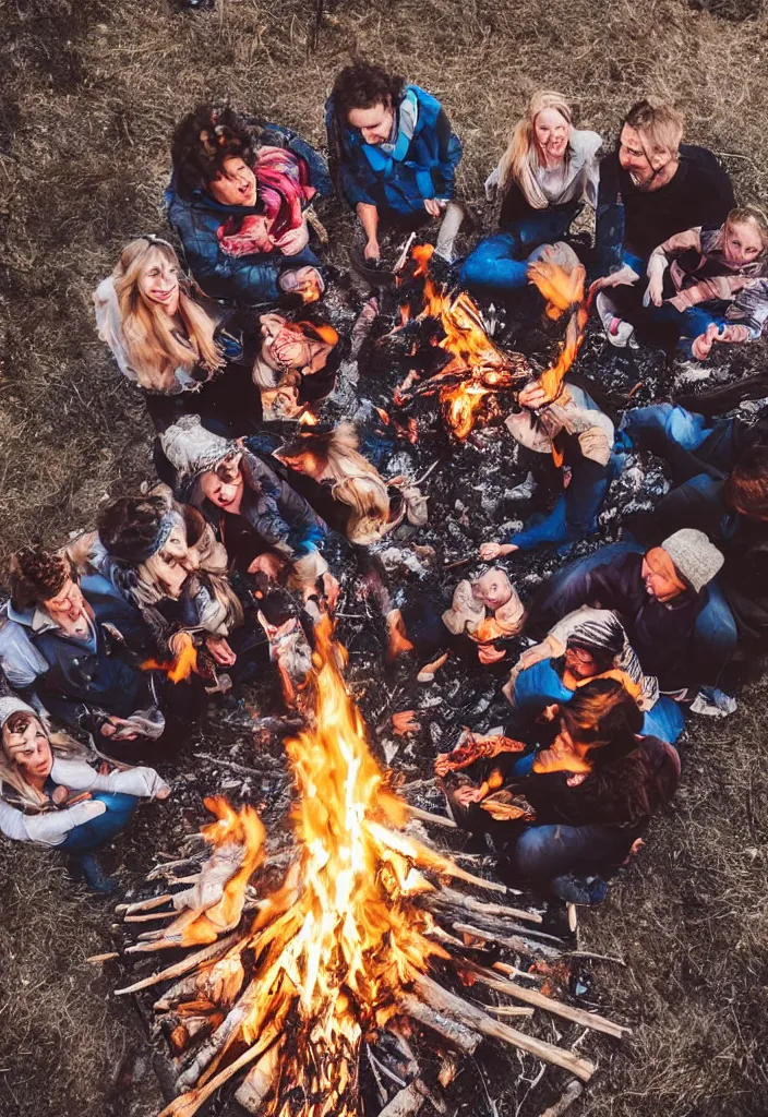 Image similar to realistic tribe gather around a bonfire with a pregnant woman as her leader, intense blue eyes, sharp, photography, antartic night, aerial race