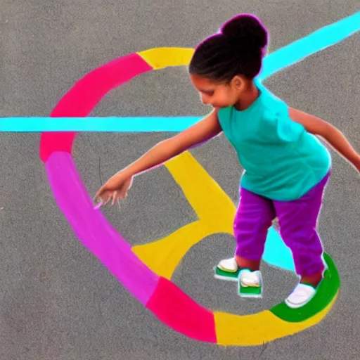 Image similar to pepper ann pearson playing hopscotch, illustration, illusion, in the style of lilia alvarado