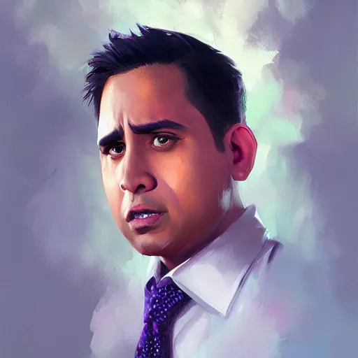 Image similar to hyper realistic, portrait of filipino michael scott painted by greg rutkowski, wlop, loish,