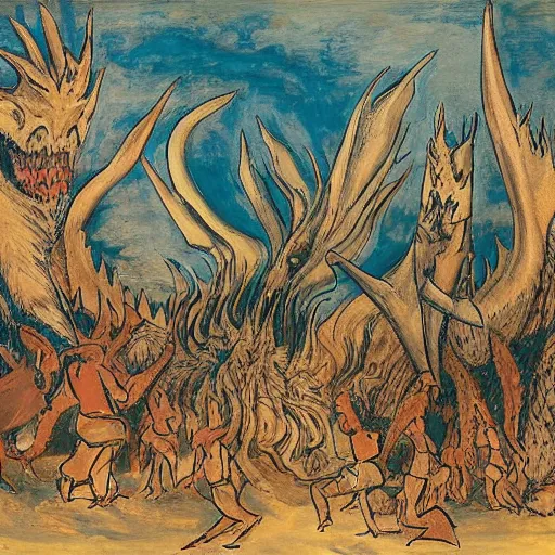 Image similar to A beautiful land art of a large, dragon-like creature with sharp teeth, talons, and a long tail. The creature is looming over a small group of people who appear to be in distress. burnt umber, in the desert by Wes Anderson, by Affandi rich details, loose