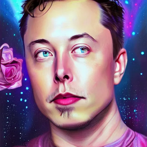 Prompt: dream portrait of Elon Musk, dreamy and ethereal, expressive pose, big pink eyes, exciting expression, fantasy, intricate, elegant, many rainbow bubbles, rose tones, highly detailed, digital painting, artstation, concept art,cyberpunk wearing, smooth, sharp focus, illustration, art by artgerm and greg rutkowskiand alphonse mucha,Salvador Dali.