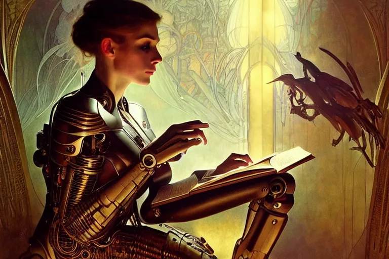 Prompt: a cyborg reading from an old book with a leather cover, fantasy, intricate, elegant, dramatic lighting, highly detailed, lifelike, photorealistic, digital painting, artstation, concept art, smooth, sharp focus, illustration, art by John Collier and Albert Aublet and Krenz Cushart and Artem Demura and Alphonse Mucha