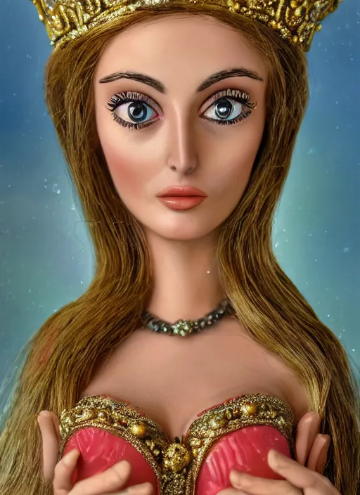 Image similar to closeup face profile portrait of tin toy sharon tate as a fairytale princess wearing a crown eating cakes, bikini, depth of field, zeiss lens, detailed, symmetrical, centered, fashion photoshoot, by nicoletta ceccoli, mark ryden, lostfish, breathtaking, 8 k resolution, extremely detailed, beautiful, establishing shot, artistic, hyperrealistic, octane render