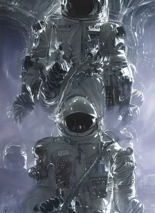 Image similar to astronauts in dark void underwater - complex and hyperdetailed technical suit. reflection and dispersion materials. rays and dispersion of light. volumetric light. f / 3 2. noise film photo. flash photography. ultra realistic, wide angle. poster by wayne barlowe, hajime sorayama aaron horkey, craig mullins