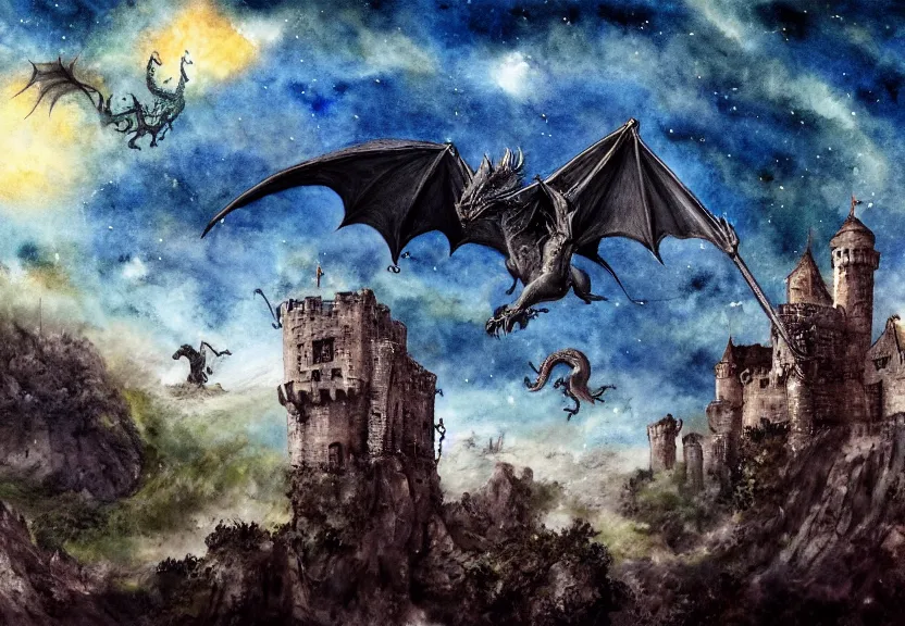 Image similar to dragon with possum head flying over a medieval castle under a dark starred sky, dark fantasy, watercolor, dreaming illusion, highly detailed, 4k, trending on Artstation, award-winning