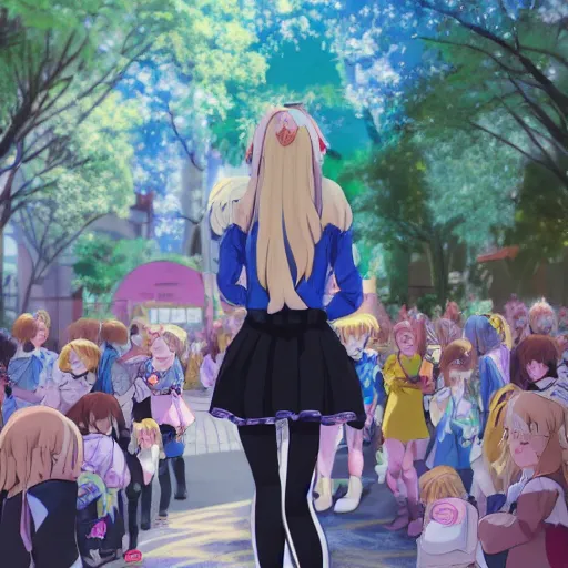 Image similar to blonde - haired princess, anime princess, wearing black jacket and white leggings, looking through crowd, town street, festival street, trees, green trees, blue lighting, blue sunshine, strong lighting, strong shadows, vivid hues, ultra - realistic, sharp details, subsurface scattering, intricate details, hd anime, 2 0 1 9 anime