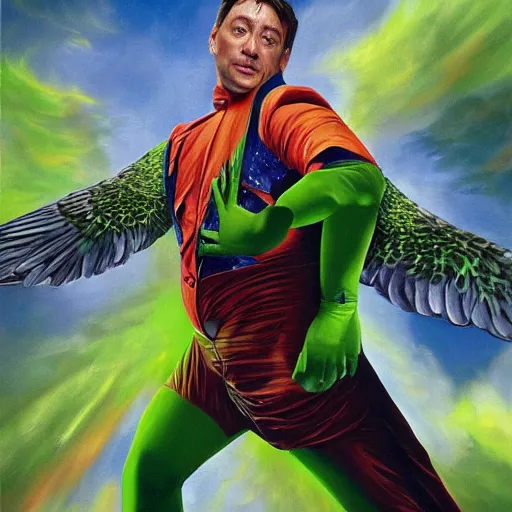 Prompt: action green suit Pigeon hero Sam Raimi and Jon Watts blockbuster movie poster, featuring Marvel Majestic Fat Pigeon in a extravagant full pigeon green body suit by Alex Ross, oil painting