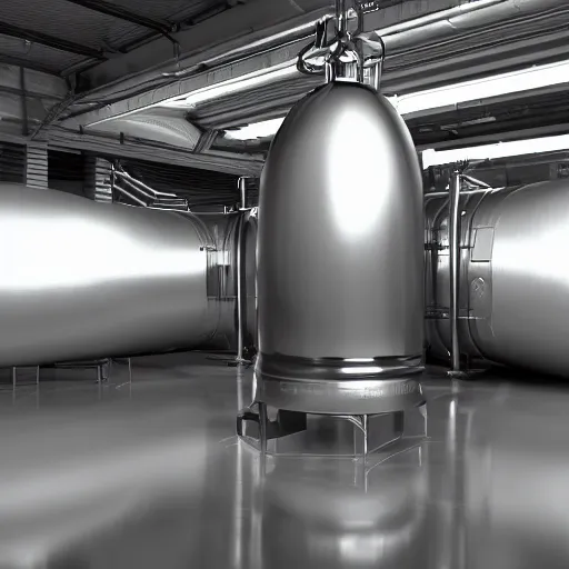 Image similar to big metallic capsule connected to pipelines, purpose is pump, standing in large industrial hall, designed by best engineers, raytracing, reflections