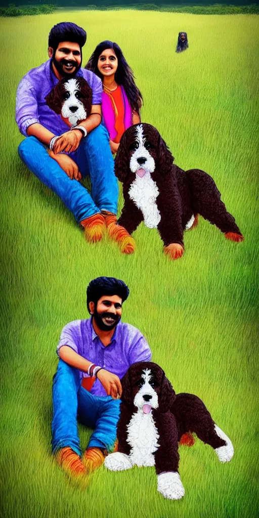 Image similar to an indian couple sitting with their bernedoodle puppy, in a field, very colorful, very cute, highly detailed, trending on artstation.