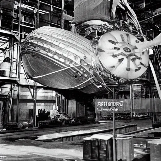 Image similar to scientists discovering an alien ufo in a warehouse, 1 9 2 0's sci - fi, black and white, 8 k, highly ornate intricate details, extreme detail,