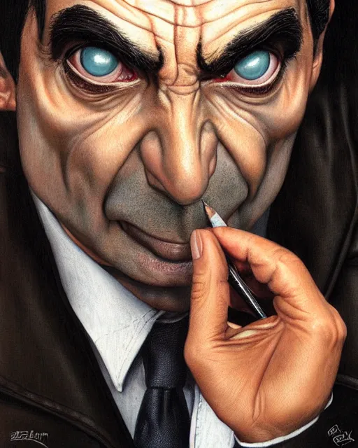 Image similar to portrait of mr bean, gritty, dark, wearing a leather jacket very detailed eyes, hyperrealistic, very detailed painting by Glenn Fabry, by Joao Ruas, by Artgerm