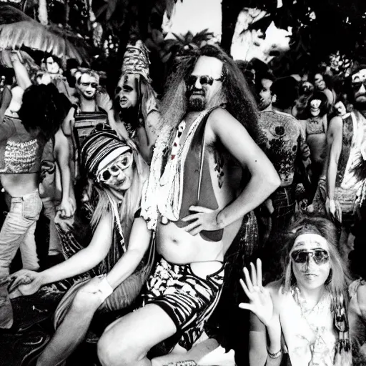 Image similar to expired kodak film photograph portrait of retro psychedelic trance hippy party in goa from 1 9 7 0, hyperrealism, photorealism, imax quality, 8 k