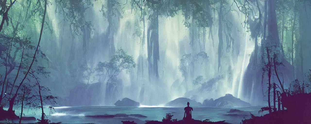 Prompt: deep forest, an old ship in the middle of the forest, rainbow river waterfall, striking composition, huge scale, gentle mists, subtle color variations, highly detailed, a white robed benevolent magician clothed in a royal garment in contemplation meditating upon God, by Eyvind Earle and Mary Blair