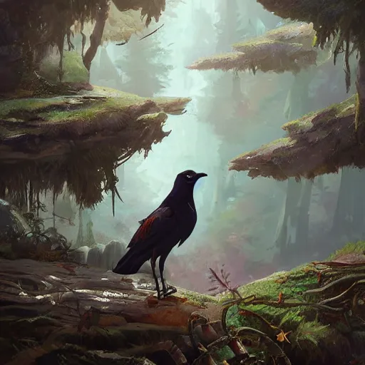 Image similar to concept art painting of an anthropomorphic steampunk crow, in the deep forest, realistic, detailed, cel shaded, in the style of makoto shinkai and greg rutkowski and james gurney