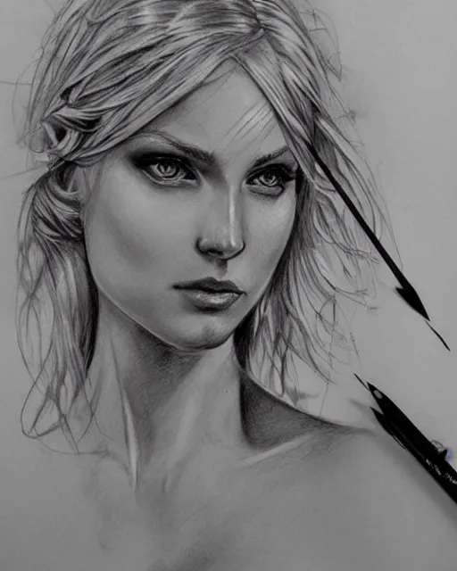 Image similar to tattoo sketch of beautiful greek goddess aphrodite, bow and arrow, beautiful piercing eyes, flowing blonde hair, realistic face, hyper realistic, in the style of greg rutkowski, fantasy, amazing detail, epic, intricate, elegant, smooth, sharp focus