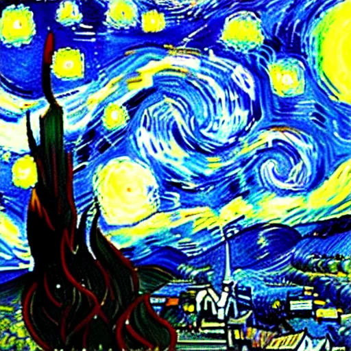 Prompt: The Starry Night in the style of Van Gogh, gritty, black and white