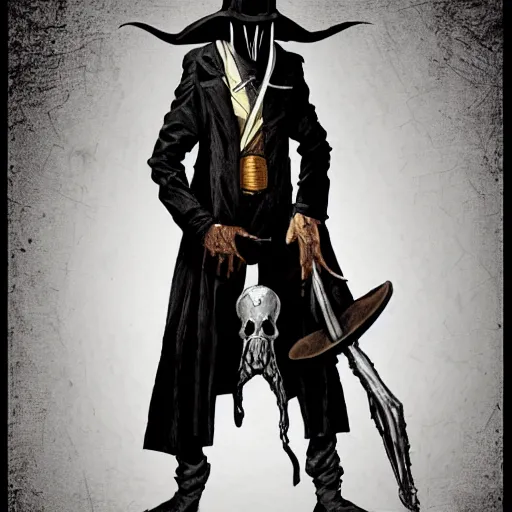 Image similar to a portrait of a plague doctor gunslinger, dark fantasy, horror, western, hell, ultrafine detailed digital pencil art by frank frazetta and vito acconci and and takeshi obata and mike mignola, death note style, colored, symmetric body, cgsociety, sharp focus, detailed face, looking at the camera