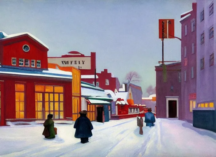 Image similar to a peaceful view of a finnish town in winter, snowfall, gas station cafe, painting by edward hopper