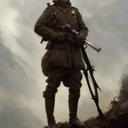 Image similar to a dramatic epic ethereal portrait of a WWI soldier, full body with dynamic pose, male, detailed face, cinematic lighting, highly detailed oil on canvas painting by Greg Rutkowski, winning-award digital art trending on Artstation H 1024 W 832