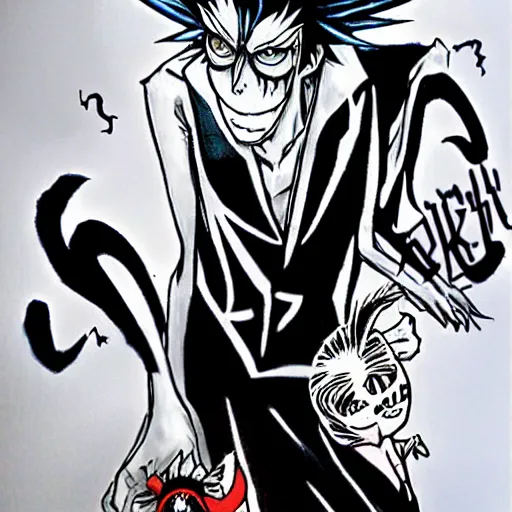 Prompt: ryuk and kira, death note, anime style, manga, concept art,