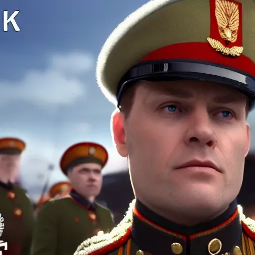 Image similar to movie scene kier starmer in russian soldiers uniform, photorealistic, highly detailed 8 k