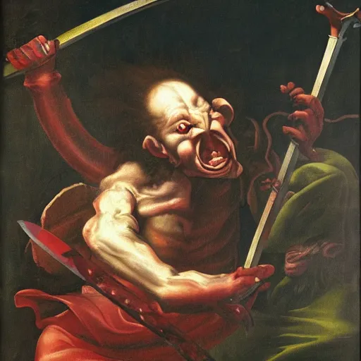 Image similar to Renaissance painting of goblin with red eyes raging rusty sword