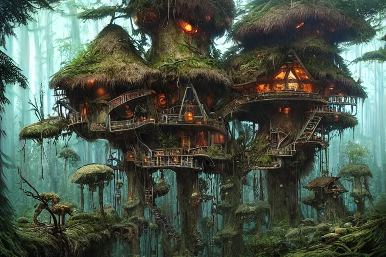 Image similar to lichenpunk treehouse village on endor, hyper detailed, by alejandro burdisio,