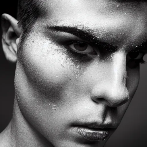 Image similar to a close up portrait of a beautiful athletic young persian male with his face covered in silver leaf , photographed by erwin olaf, artistic