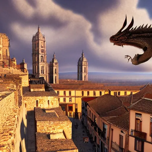 Image similar to the monumental city of caceres with a dragon flying over it, dramatic lighting, cinematic, extremly high detail, photorealistic, cinematic lighting, post processed, concept art, artstation, matte painting, style by greg rutkowsky - 1 0 2 4