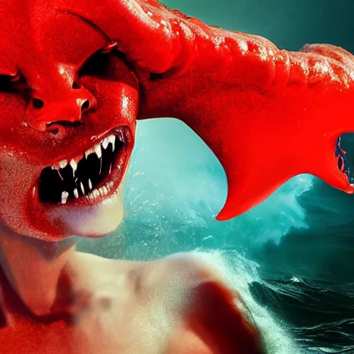 Image similar to a devilish red monster with horns emerging from boiling rough seas, close - up portrait photo by david lachapelle, masterpiece, trending on flickr