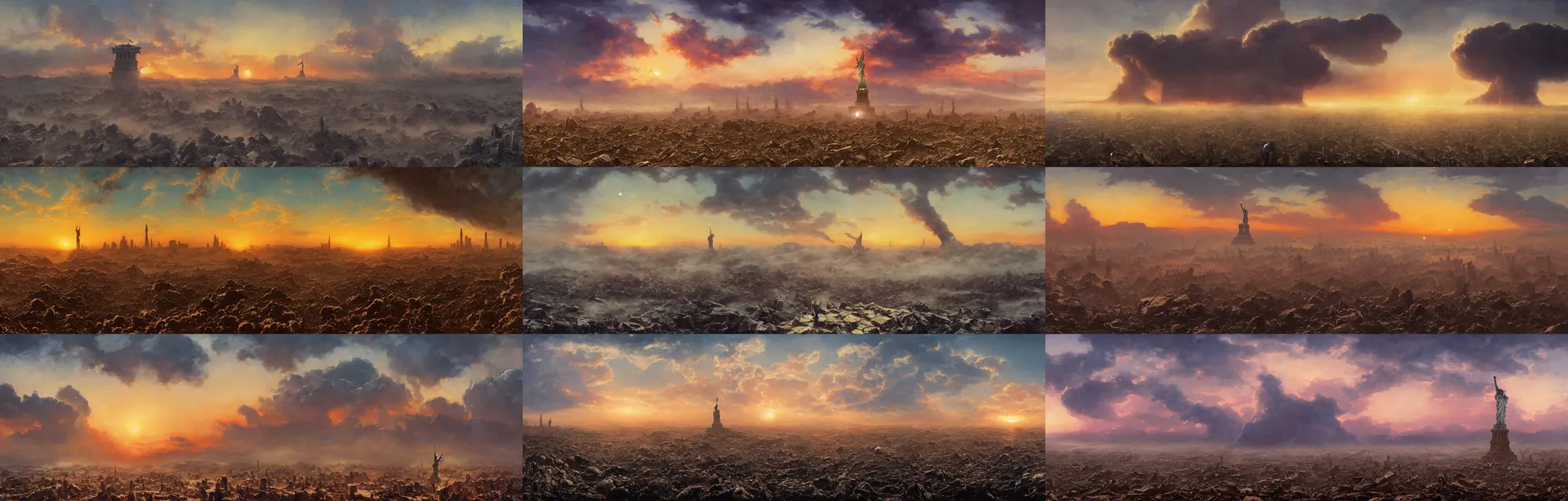 Prompt: broken statue of liberty in the middle , giant atomic nuclear war explosion cloud on neptune graveyard wasteland with fog during moody sunset , panoramic cinematic very sharp oil painting by frazetta