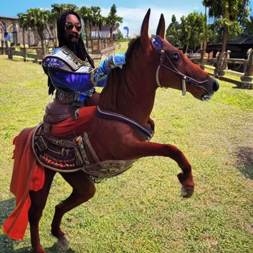 Image similar to snoop dogg riding a horse in stormwind city, warcraft