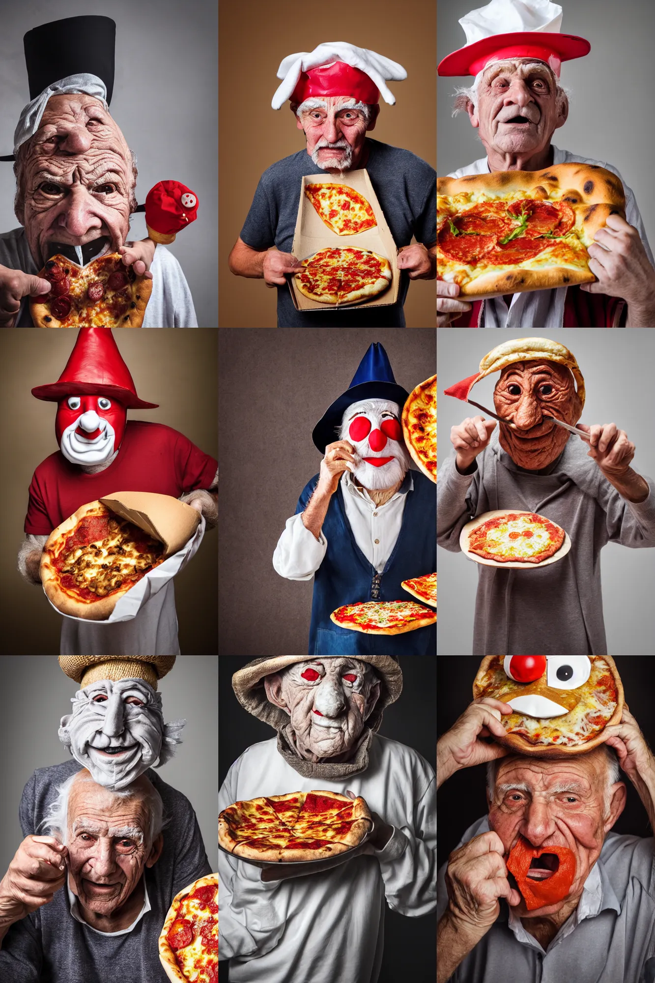 Prompt: close - up portrait of a wrinkled old man wearing a pulcinella mask holding up a pizza!! to behold, clear eyes looking into camera, baggy clothing and hat, masterpiece photo by morten krogvold