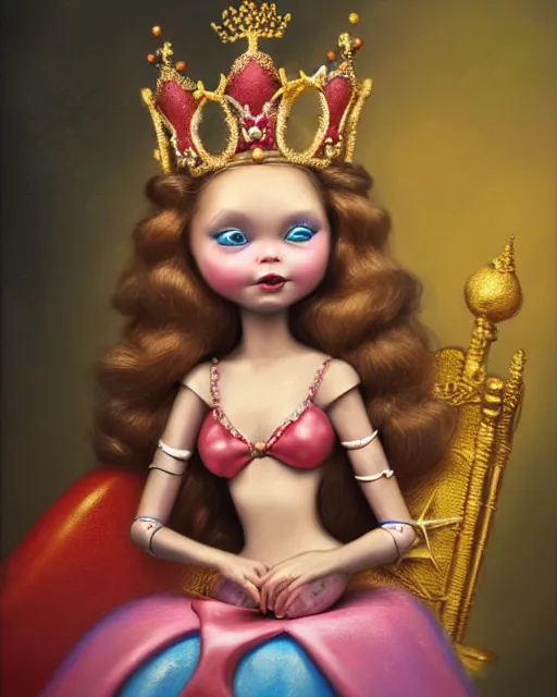 Prompt: closeup profile portrait of a tin toy fairytale princess wearing a crown and sitting on a throne, bikini, hyper realistic, artstation, illustration, concept art by nicoletta ceccoli, mark ryden, lostfish, dan decarlo, bob clampett, max fleischer, digital paint, matte paint, vivid colors, bright, cheerful, detailed and intricate environment
