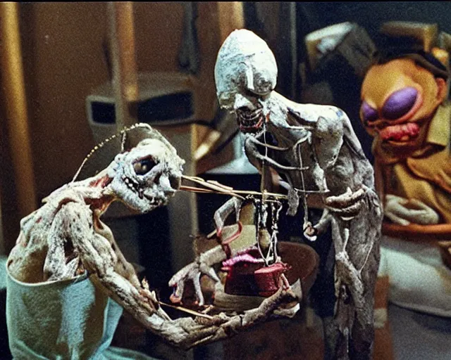 Prompt: still from a full - color 1 9 9 3 surreal creepy live - action stop - motion puppetry film by fred stuhr in the style of a tool music - video, involving nails and soap.