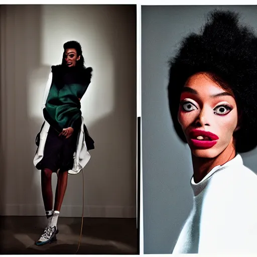 Image similar to realistic photoshooting for a new balenciaga lookbook, vhs colour photography, portrait of model Winnie Harlow woman, in style of Tyler Mitchell, 35mm,