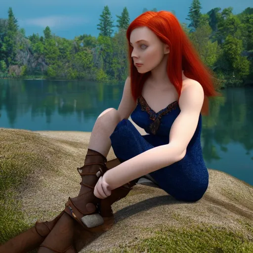 Prompt: beautiful female redhead elf warrior sitting next to a beautiful lake at dawn, enjoying the wind, looking at the water. 8k ultra realistic, award winning, unreal engine 5, masterpiece, atmosphere glow, hyperrealistic, focused, extreme details, cinematic