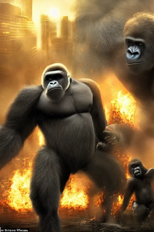 Image similar to concept art of huge gorilla fight with gorilla on burning tokyo city, cinematic composition, perfect lighting, art station trending