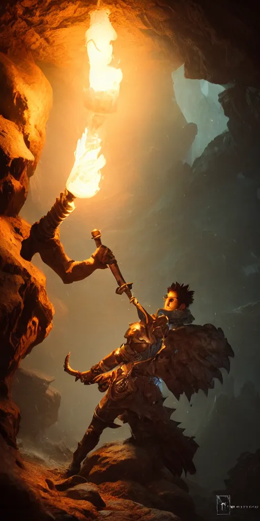 Image similar to a epic hero adventurer holding a torch in a dark cave, fantsy, concept art, artgerm, monster hunter world, 8 k realistic, radiant light, frostbite 3 engine, dof, cryengine, digital art, detailed background