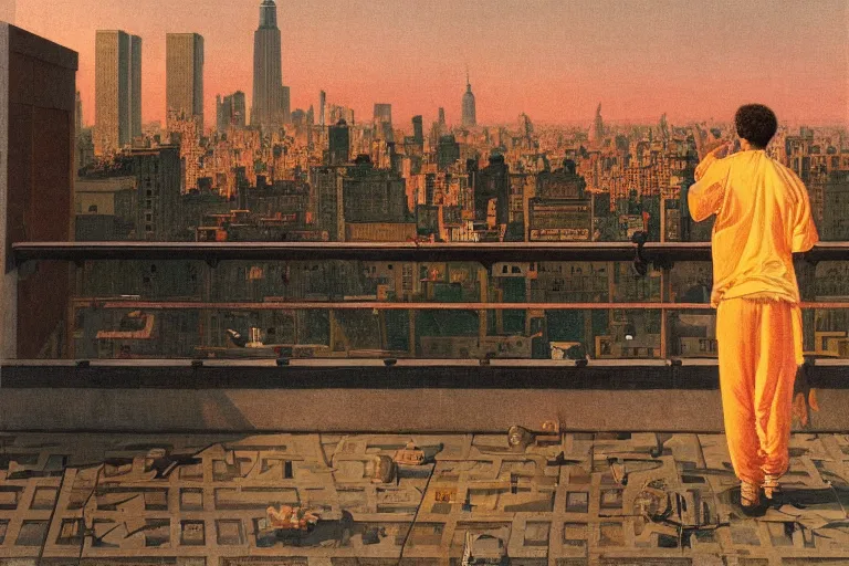 Prompt: painting of a rapper in a rooftop, watching new york, beautiful, sunset, romantic, by ludwig deutsch and maxfield parrish, patterned tilework, extremely detailed, cinematic lighting, smooth sharp focus