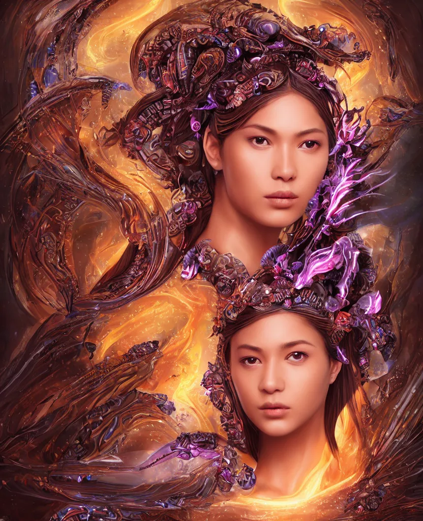 Prompt: epic ethnic smooth close-up macro portrait of the face of a beautiful princess, epic angle and pose, symmetrical artwork, 3d with depth of field, blurred background, cybernetic orchid flower butterfly jellyfish, obsidian, female face skull phoenix bird, translucent, nautilus, energy flows of water and fire. a highly detailed epic cinematic concept art CG render. made in Maya, Blender and Photoshop, octane render, excellent composition, cinematic dystopian brutalist atmosphere, dynamic dramatic cinematic lighting, aesthetic, very inspirational, arthouse. y Greg Rutkowski, Ilya Kuvshinov, WLOP, Stanley Artgerm Lau, Ruan Jia and Fenghua Zhong