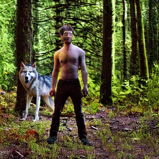 Image similar to werecreature consisting of! human and wolf, profressional photograph captured in a forest