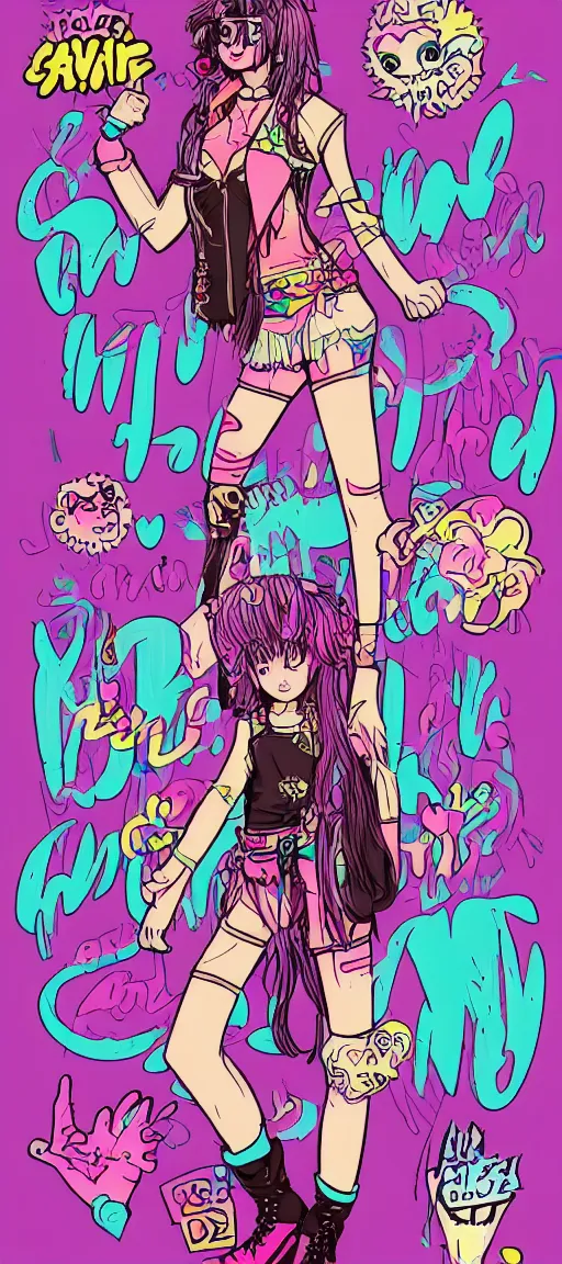 Prompt: a kawaii pastel goth raver hippie girl with wild hair, in the style of archie comics (1963), full body character concept art, one person, artstation, HQ scan, toon shading, cel shading,