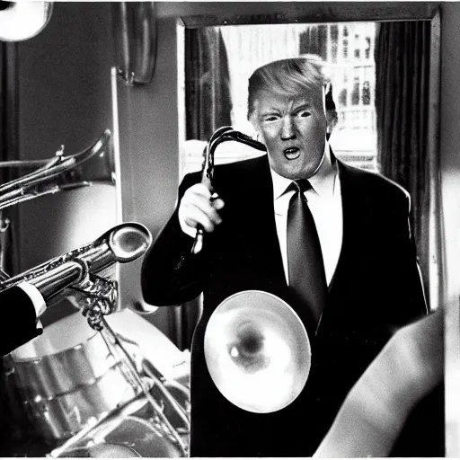 Prompt: donald trump in a jazz band, film noir