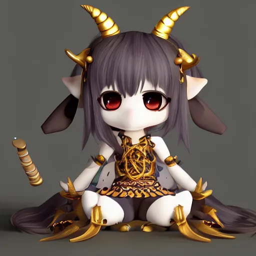 Image similar to cute fumo plush of a goat girl with horns, anime girl, tribal outfit with intricate celtic knot patterns, golden pauldrons, gothic maiden princess, artstation, vray