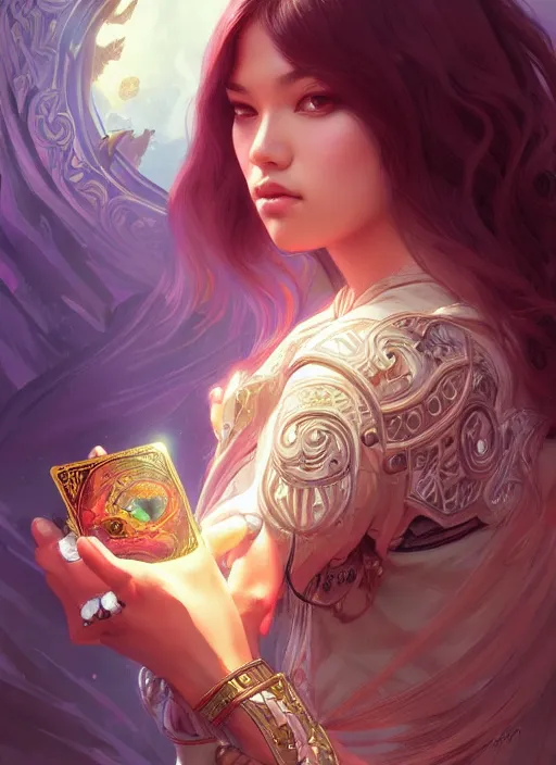 Prompt: jossi of blackpink, deep focus, tarot card, fantasy, intricate, elegant, highly detailed, digital painting, artstation, concept art, matte, sharp focus, illustration, hearthstone, art by artgerm and greg rutkowski and alphonse mucha