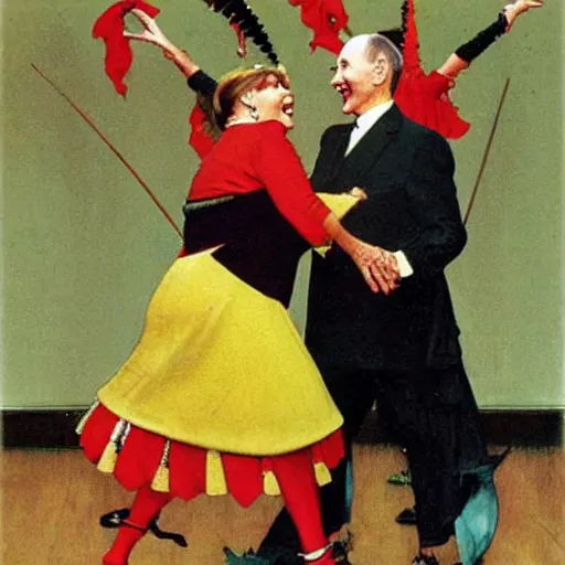 Image similar to angela merkel wearing a jester outfit, dancing for vladimir putin, artist norman rockwell,